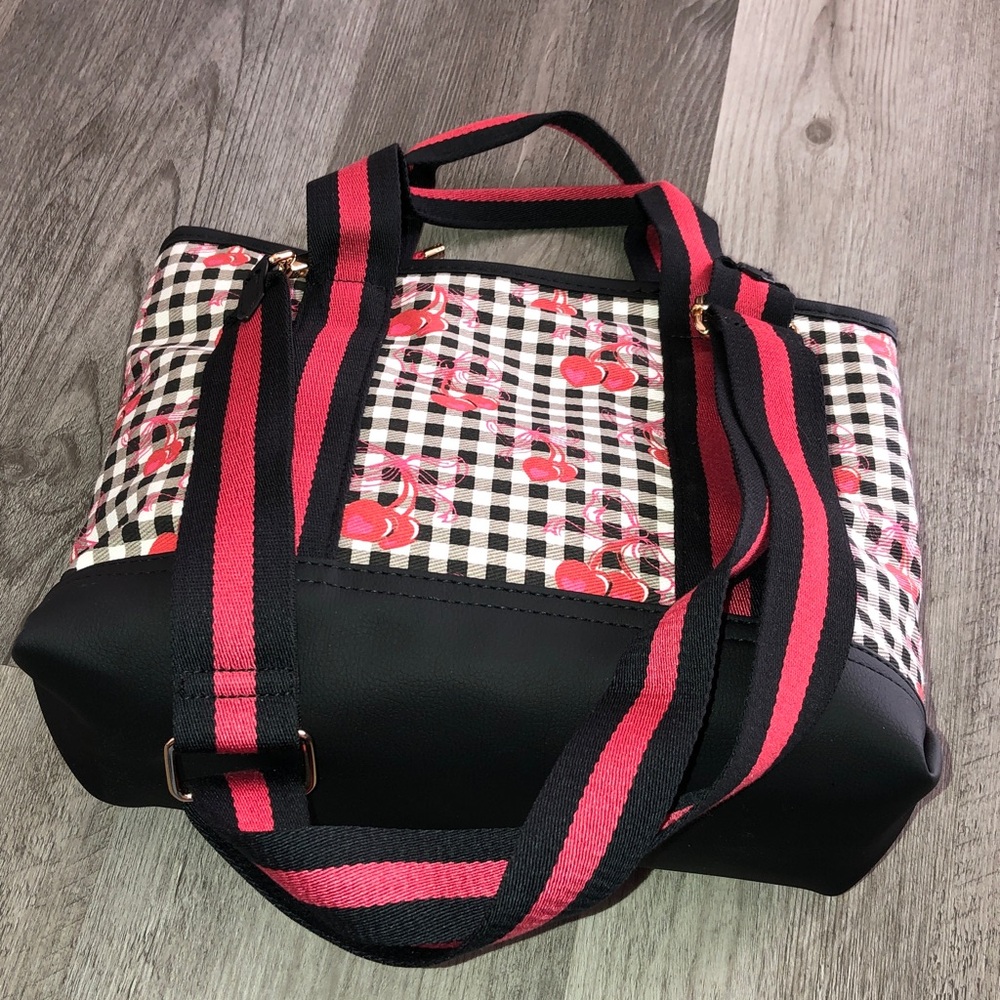 Luv Betsey Betsey Johnson Black & White Gingham & Red Cherry Print Tote Bag NWT - Picture 10 of 16